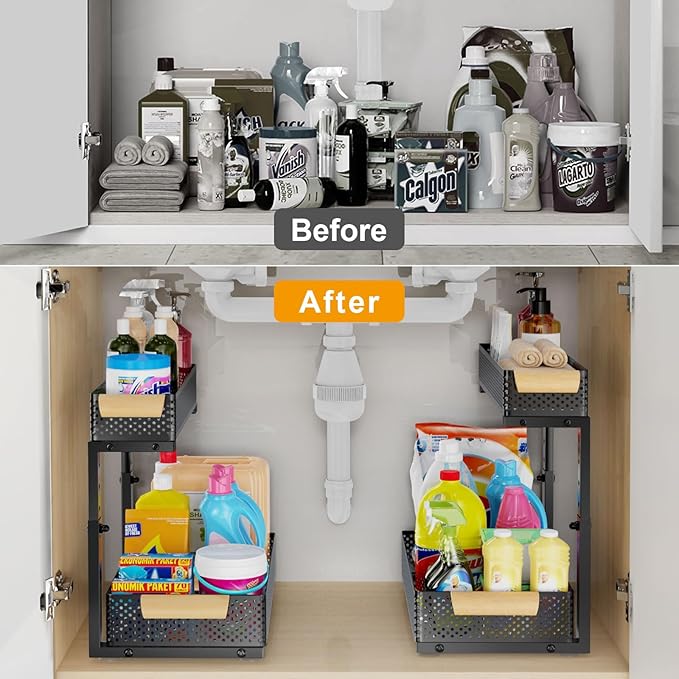 Under Sink Organizers and Storage,2 PACK 5 Height Adjustable Kitchen Cabinet Organizer,2 Tiers Pull Out Drawer Shelves Metal Slide Tray Organizer for Kitchen Bathroom