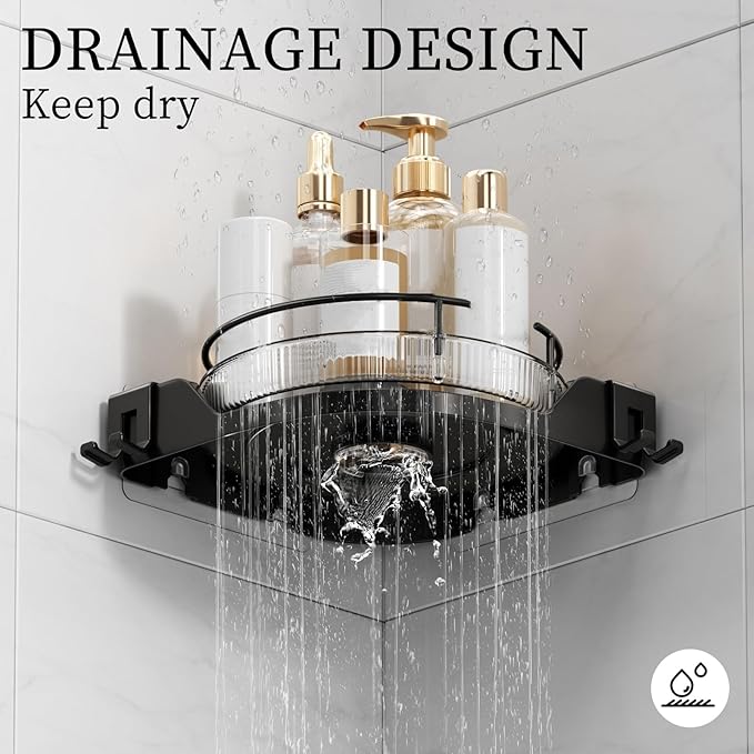 Oifecsie 360° Rotating Corner Shower Caddy (2-Pack) - Lazy Susan Bathroom Organizer with Hooks, No-Drill Adhesive Mount for Shower, Kitchen, RV, Space-Saving ABS Plastic Shower Shelf