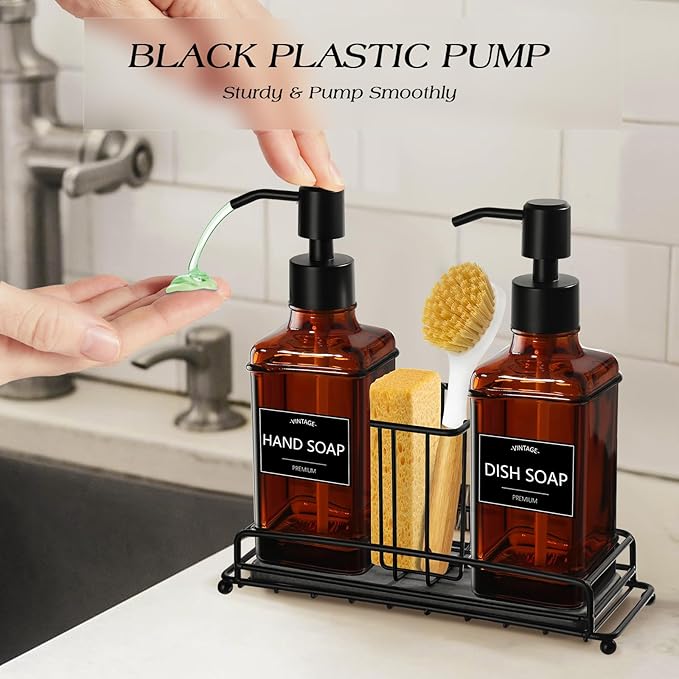 VIMERPA Dish Soap Dispenser, 10 fl oz Kitchen Hand and Dish Soap Dispenser with Adjustable Sponge Holder, Vintage Kitchen Set Amber