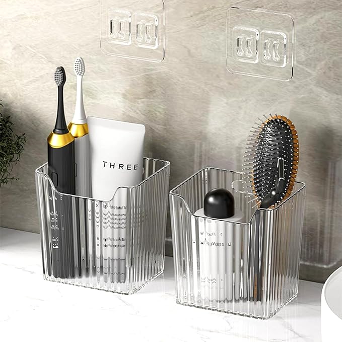 4 Pack Acrylic Wall Mount Organizer, Adhesive Cabinet Door Storage Bins, Clear Makeup Containers, Stackable Organizer Basket for Kitchen, Bathroom, Cabinet, Pantry, Office