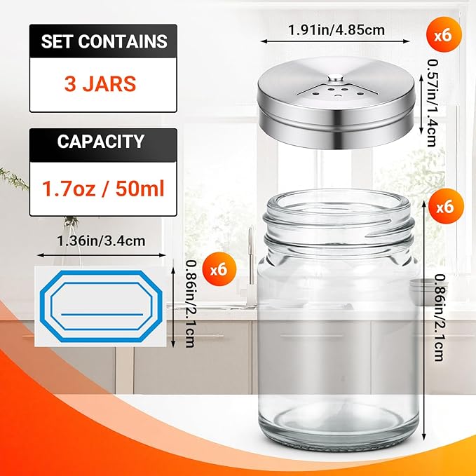 Segarty 6 Pack 1.7oz Salt Shakers Adjustable Metal Lids, 50ml Portable Glass Seasoning Container for Sugar Sesame Pepper, Kitchen Organizer Spice Bottles with 6 Stickers Storage Set for Cabinet Picnic