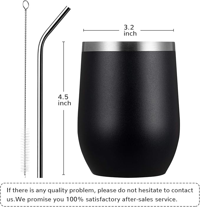 MEWAY 12oz Wine Tumbler 16 Pack Bulk Gifts for Women,Double Wall Vacuum Stainless Steel Travel Mug with Lid,Insulated Stemless Wine Cup Glass for Coffee,Cocktails,Drinks(Black,Set of 16)