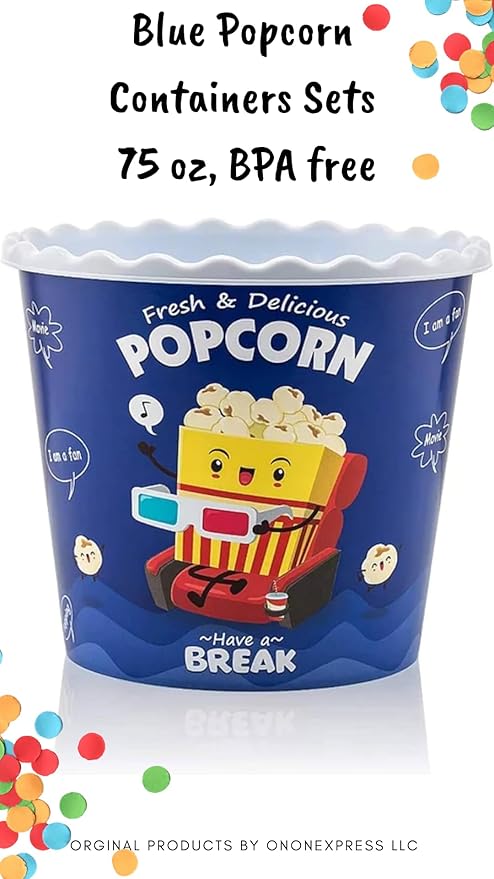 ONONEXPRESS Modern Style Reusable Plastic Popcorn Box/Popcorn Containers/Popcorn Bowls Set for Movie Theater Night - (BPA Free - 6 Pack-75 oz) (6, BLUE)