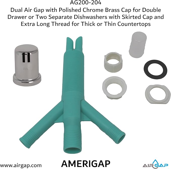 Dual Air Gap with Polished Chrome Brass Cap for Double Drawer or Two Separate Dishwashers with Skirted Cap and Extra Long Thread for Thick or Thin Countertops (AG200-204, AG200-X04, AMERIGAP)