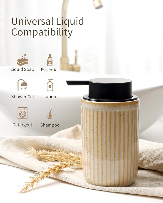 BosilunLife Foam Hand Soap Dispenser - Ceramic Foaming Soap Dispenser for Bathroom 12oz Refillable Liquid Lotion Soap Dispenser with Rust-Proof Foaming Pump for Countertop, Greige