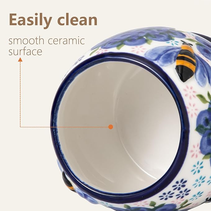 ZOOBEE 10oz Ceramic Honey Jar with Dipper and Lid,Handpainted Honey Pot with Natural Design, Small Portable Honey Container for Kitchen, Picnic-Blueberry Breeze