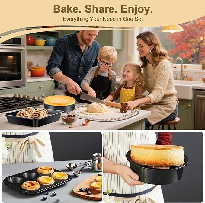 5-Piece Toaster Oven Bakeware Set – Compact Nonstick Baking Pans for Small Oven, RV & Camper – Includes Muffin, Loaf, Pizza, Cake & Square Pan (Black)
