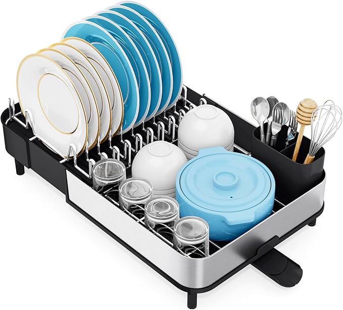 Urackify Dish Drying Rack, 304 Stainless Steel Dish Drainer with Removable Utensil Holder & Drain Board, Rustproof Space-Saving Dish Rack for Kitchen Countertop, Black