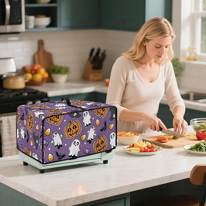 Air Fryer Toaster Oven Cover with Side Pockets, Protective Electrical Appliance Cover Kitchen Countertop Accessories, S, Ghost Pumpkin Bat Candy Violet Halloween Decor
