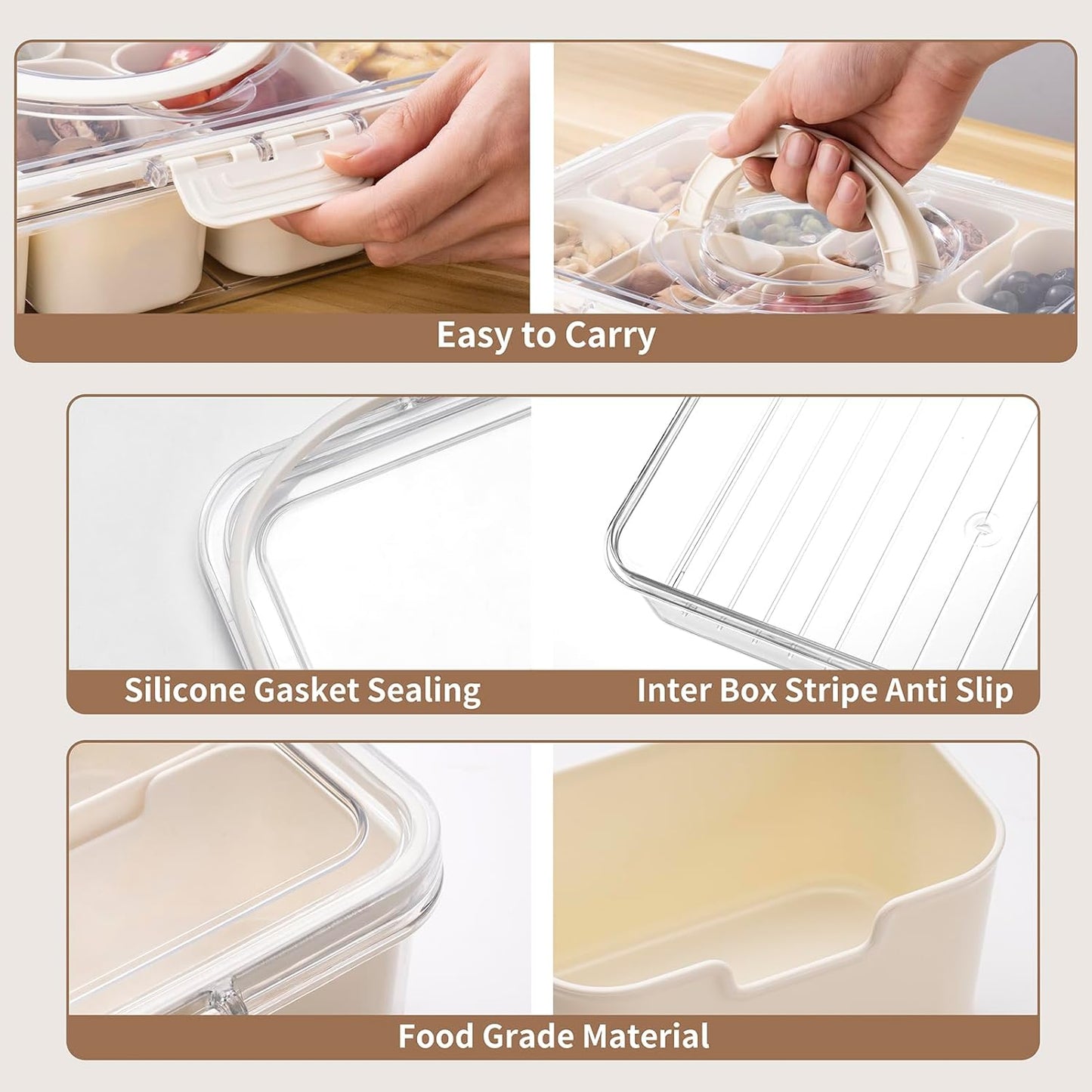 Snack Box Container, Dishwasher Safe Fruit Storage Containers, Divided Serving Tray with Lid for Veggie, Candy and Nuts, Snackle Charcuterie Boxes for Kids, Adults Travel, Party and Picnic (2 Pack)