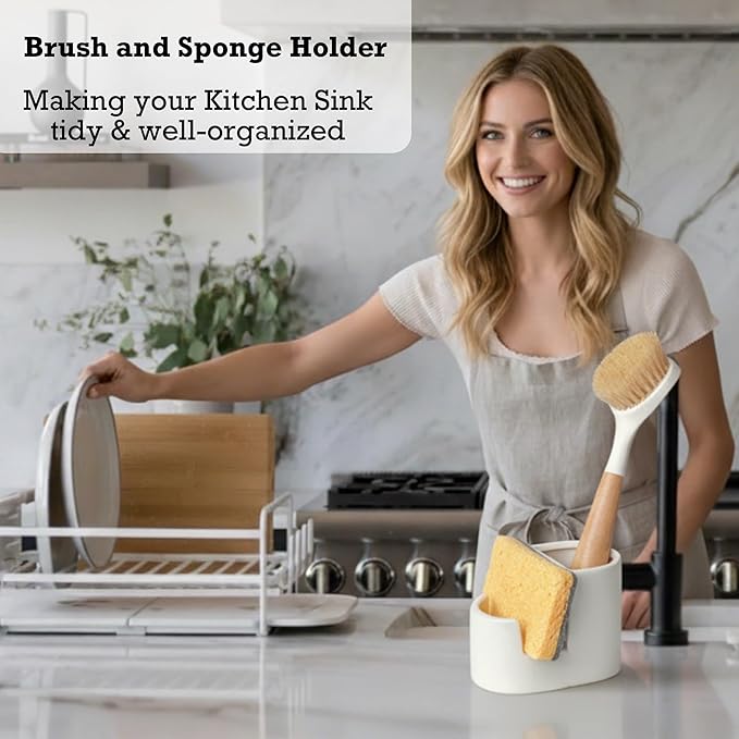 Ceramic Sponge Holder for Kitchen Sink, 2-in-1 Sponge & Brush Organizer, Compact Countertop Sink Caddy with Raised Edge to Catch Drips, Keeps Countertops Dry, Dishwasher Safe, Rustproof, White