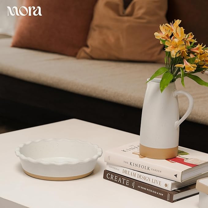 MORA Ceramic Pie Pan for Baking - 9 inch - Deep and Fluted Pie Dish for Old Fashion Apple Pie, Quiche, Pot Pies, Tart, etc - Modern Farmhouse Style Porcelain Ceramic Pie Plate - Oat