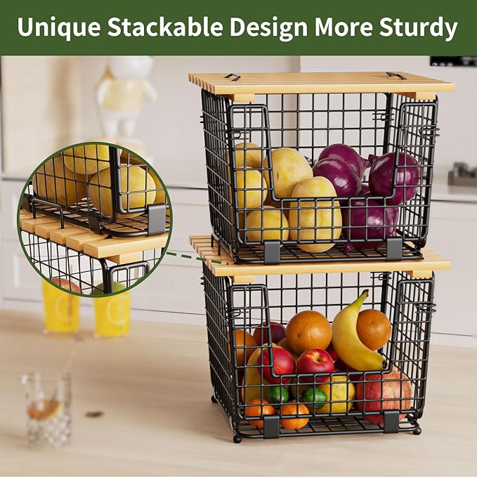 Wire Storage Basket for Kitchen Pantry: GGIU Stackable Kitchen Counter Organizers - Wire Organizing Bin for Produce Vegetable Potato and Onion Black