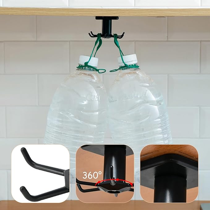 360° Rotating Kitchen Hooks, Adhesive Utensil Organizer Rack with 6 Hooks - No Drill Cabinet Mount for Spoons, Towels & Cups (1pcs)