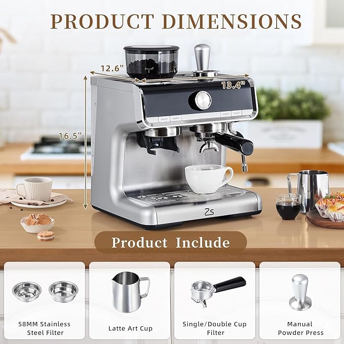 GarveeHome Espresso Machine With Grinder, 20 Bar Semi-Automatic Espresso Coffee Maker With Milk Frother Steamer Wand Cappuccino Latte Macchiato, 95 oz Water Tank, PID Temperature Control, Silver2