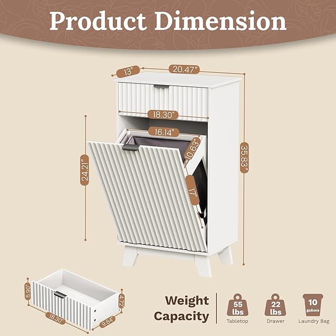 Modern Tilt Out Laundry Hamper Cabinet, 10 Gallon Wooden Trash Can Cabinet with Storage Drawer, Hidden Fluted Bathroom Storage Cabinet for Kitchen, Living Room (White, 20.47"W x 35.83"H x 13"D)
