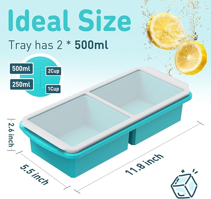 Silicone Freezer Tray with Lid Soup Freezer Container Molds with Steel Reinforced Rim Large Ice Cube Tray Makes 4 Perfect 2 Cup Portions Cubes Storage for Soup, Sauce, Leftovers Food Kitchen Things