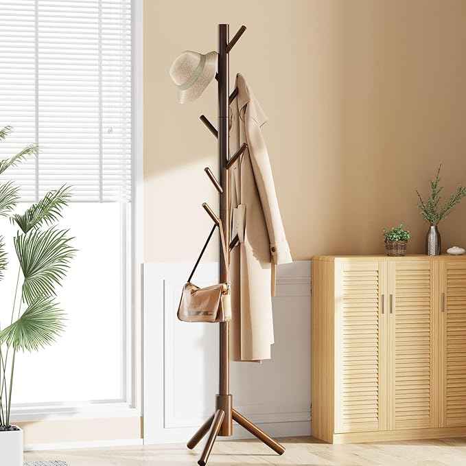 Pipishell Sturdy Wooden Coat Tree with 8 Hooks, 3 Adjustable Sizes for Clothes, Hat Stand Used in Bedroom/Office/Entryway, Brown
