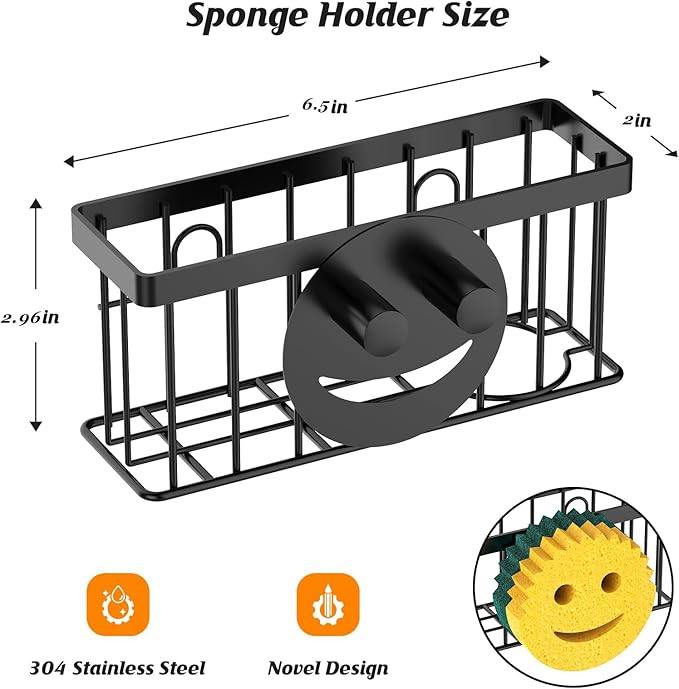 Sponge Holder Smiley Face, Sink Caddy for kitchen Sink, Kitchen Organizer Sponge Holder with 2 PCS Suction Cups/1 PCS Adhesive Strips, Designed for Sponge, Soap, Dish brush, Scrubber-Black