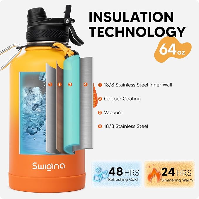 Swigina [2-IN-1 LID] 64 oz Insulated Water Bottle with Silicone Boot (48hrs Cold/24hrs Hot) - DIY Stickers, Leakproof, BPA Free, Half Gallon