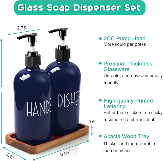 Navy Blue Dish Soap Dispenser for Kitchen - 16 OZ Hand Soap Dispenser Set with Acacia Wood Tray - Blue Kitchen Bathroom Home Decor and Accessories