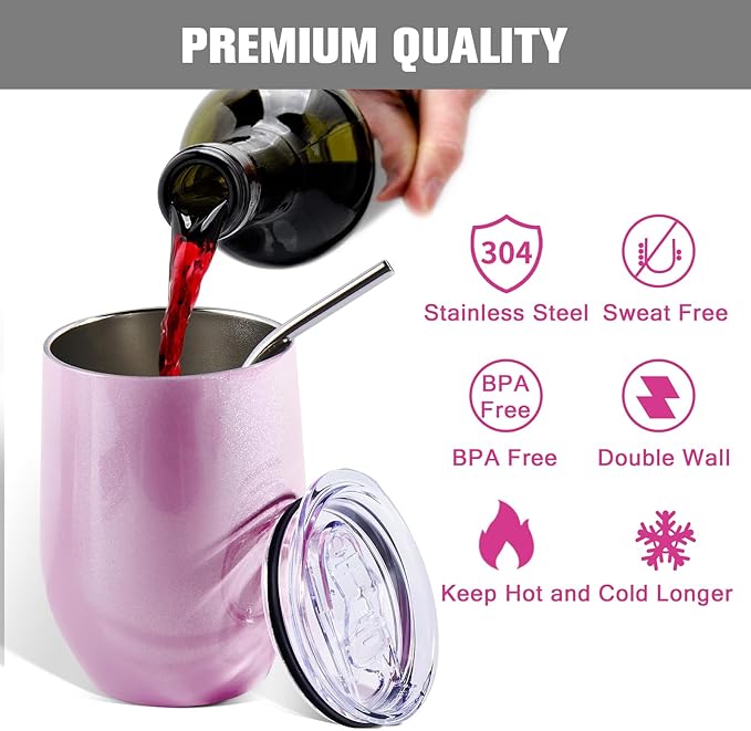 BetterSub 8 Pack 12oz Glitter Pink Wine Tumblers - Double Wall Insulated Sublimation Blanks, Stainless Steel Cups With Lid, Metal Straw, Brush, Display Box (Glitter Pink)