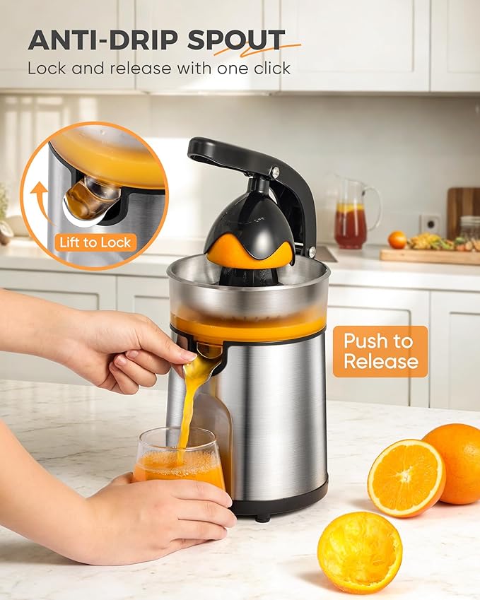Electric Orange Juicer, Citrus Juicer Squeezer with 2 Interchangeable Cones, 160W Electric Juicer Machine with Stainless Steel Body & Transparent Juice Collector for Lime Grapefruit Lemon