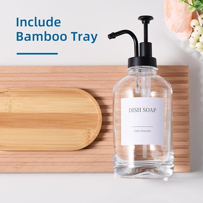 Glass Soap Dispenser with Pump, Dish and Hand Soap Dispenser for Kitchen Bathroom Set, Clear Glass Dispenser Set of 2 Pack with 18 Stickers Funnel Bamboo Tray 500ml 18oz / Each Bottle Sliver Pump