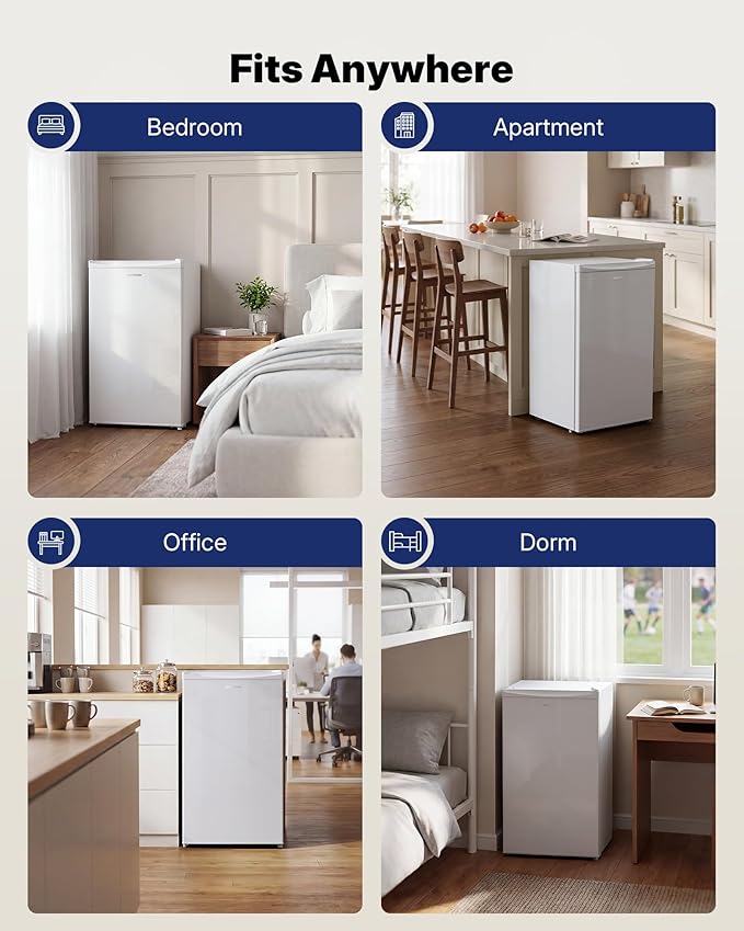 Upstreman 3.2 Cu.Ft Mini Fridge with Freezer, Single Door Mini Fridge, Dorm Fridge, Adjustable Thermostat, Mini Refrigerator for Dorm, Office, Bedroom, White-BR321