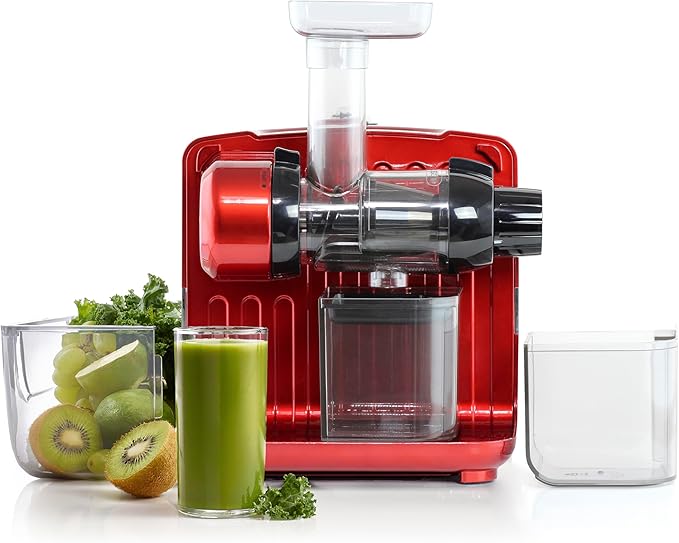 Omega Juicer Cold Press 365 Slow Masticating Vegetable and Fruit Juice Extractor and Nutrition System Makes Nut Milks Baby Food and Sorbets, 80-RPM Slow Juicer with On-Board Storage, 200-Watts, Red
