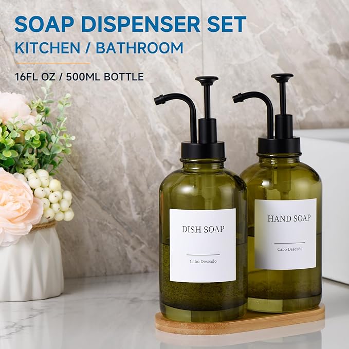 Glass Soap Dispenser with Pump, Dish and Hand Soap Dispenser for Kitchen Bathroom Set, Clear Glass Dispenser Set of 2 Pack with 18 Stickers Funnel Bamboo Tray 500ml 18oz Green