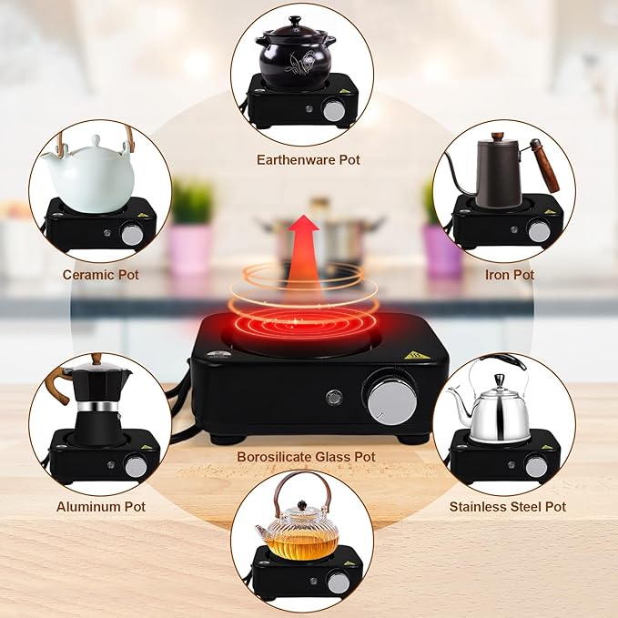 4-in-1 Moka Pot Espresso Set with Electric Stove 3 Cup Aluminum Stovetop Coffee Maker Percolator Italian Classic Mocha Coffee Machine with Powder Dispenser Filter Paper Portable Camping Black