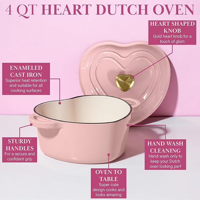 Paris Hilton Enameled Cast Iron Dutch Oven Heart-Shaped Pot with Lid, Dual Handles, Works on All Stovetops, Oven Safe to 500°F, 4-Quart, Pink