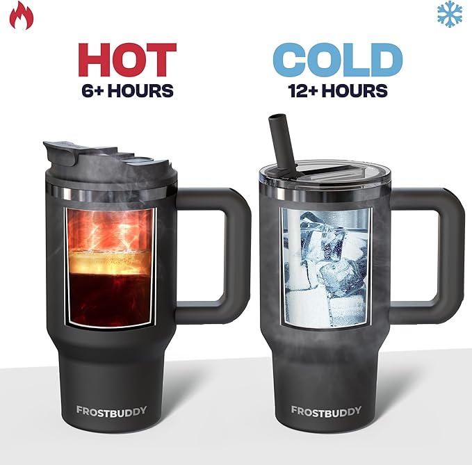 Frost Buddy Thicc Buddy - 16 oz Stainless Steel Vacuum Insulated Tumbler with Lid and Straw for Water - Travel Mug Cupholder Friendly - Gifts for Women Men Him Her (Dark Night)