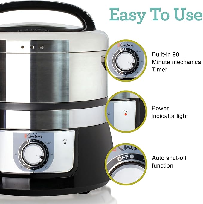 Euro Cuisine FS3200 Electric Food Steamer, Versatile Vegetable Steamer & Steam Cooker for Healthy Cooking, Ideal for Fish, Veggie, Meat, Easy Cleaning, Stainless Steel Design 1200 Watts