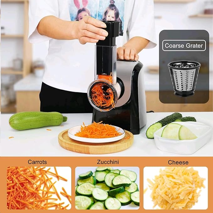 Electric Cheese Grater 150W Salad Maker 5 Different Shapes of Blades for Slicing/Shredding/Grinding, Compact Kitchen Electric Slicer Shredder for Block Cheese, Vegetables, Fruit, Carrots