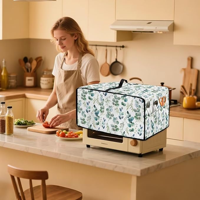 Countertop Convection Oven Cover Decorative and Protective Air Fryer Toaster Oven Dust Cover for Home Kitchen Indoor Decor, L, Eucalyptus Leaf Green White