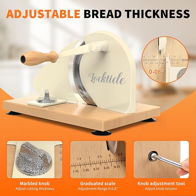 LockTide Manual Bread Slicer for Homemade Sourdough Bread, Hand Crank Bread Slicer With Scale Line, Suction Cup and Protective Cover, Adjustable Thickness