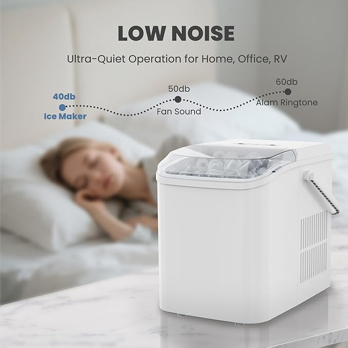 DUMOS Countertop Ice Maker with Handle, 26lbs/24H Portable Ice Machine, 9 Bullet Ice Cubes Ready in 6 Mins, Self-Cleaning, Quiet Compact Ice Maker for Home, Kitchen, RV, Camping, White
