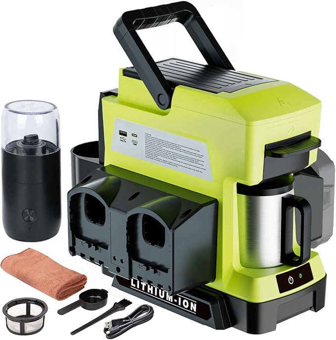 Cordless Coffee Maker for Ryobi 18V Battery, 3 Brewing Options Drip Coffee Maker with Coffee Grinder, Portable Single Serve Coffee Makers for Camping, Travel, and Jobsite. (Tool Only)