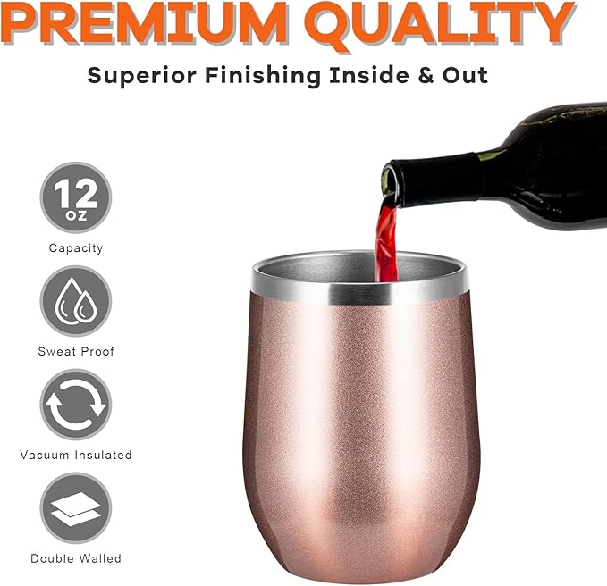 COMOOO Rose Gold Stainless Steel Wine Tumbler Bulk with Lid and Straw 12oz Double Wall Vacuum Insulated Travel Tumbler Cup for Coffee Wine Cocktails Ice Cream Cup Rose Gold, 12 pack