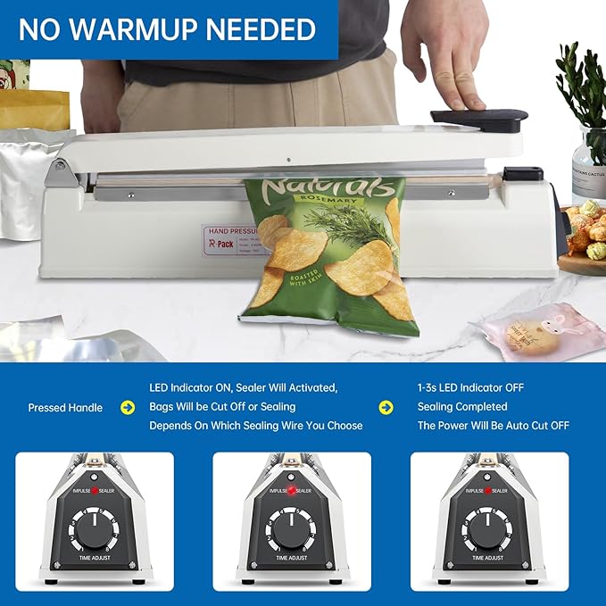 Impulse Heat Sealer with Hot Cutting Wire, Heavy-Duty Bag Sealing & Cutting Machine, 2 Extra Replacements (White, 8-Inch)
