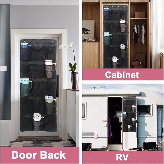 Cup Storage Organizer Compatible Stanley - 15 Large Bottle Pockets, Hanging Wall Mount for Various Sizes, Tumbler Storage Accessories