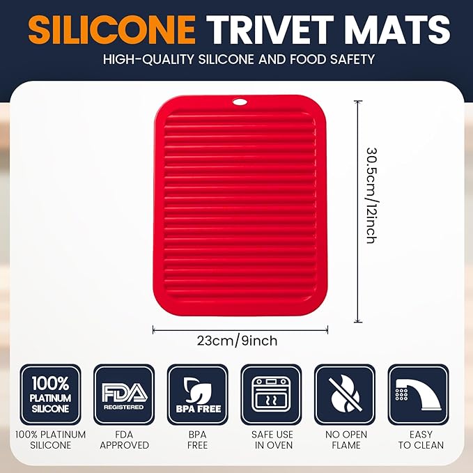 Silicone Trivet Mats 4 Heat Resistant Pot Holders Multipurpose Non-Slip Hot Pads for Kitchen Potholders, Drying mat, Jar Opener, Spoon Holder, Coaster.(Crimson red)