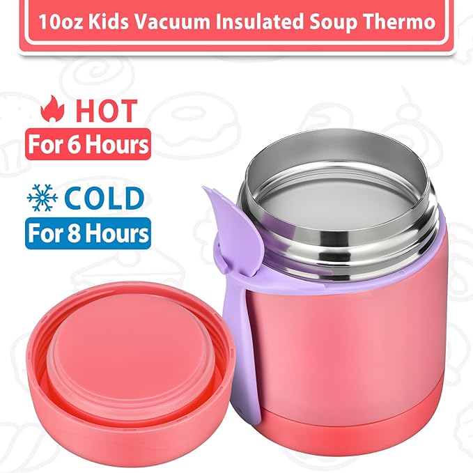 10oz Soup Thermo for Hot Food Kids,Lunch Thermo Kids Food Jar with Spoon Hot Insulated Food Containers,Leak Proof Stainless Steel Wide Mouth Lunch Thermo Jar for School(Pink)