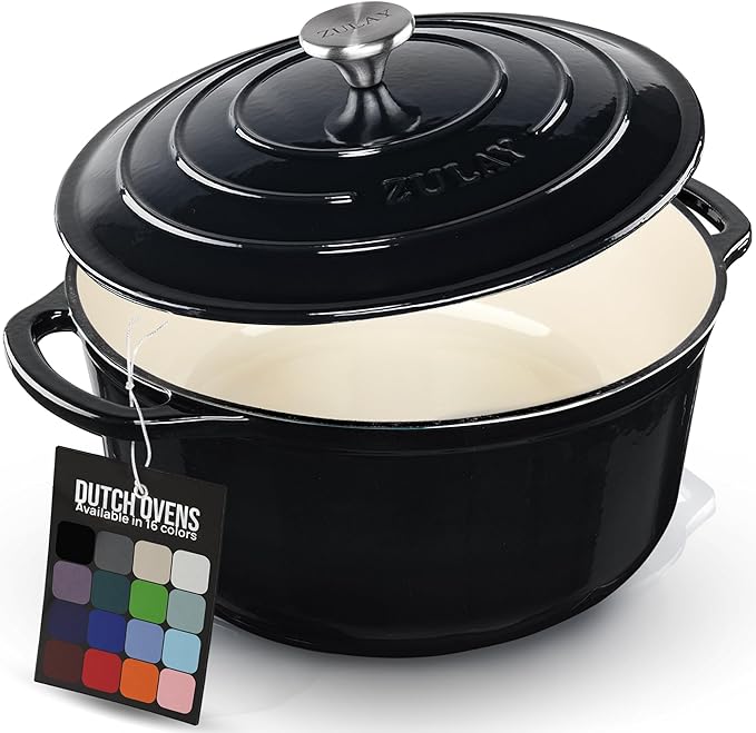 Zulay Kitchen 6 Quart Enameled Cast Iron Dutch Oven Pot with Lid – Premium Durability & Oven Safe up to 500°F – Heavy Duty Cookware Perfect for Bread Baking, Stews, Braising & Roasting - Black
