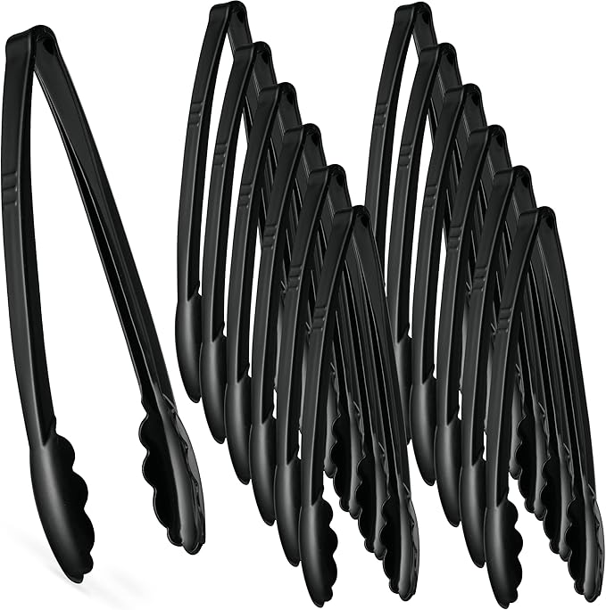 [Black Tongs 12'' Inches] Plasticpro 12'' Serving Tongs Heavy Duty Reusable Kitchen and BBQ Black Serving Tongs for party's, Caterings, Events, Buffet, Weddings, And every Day use Pack of 12