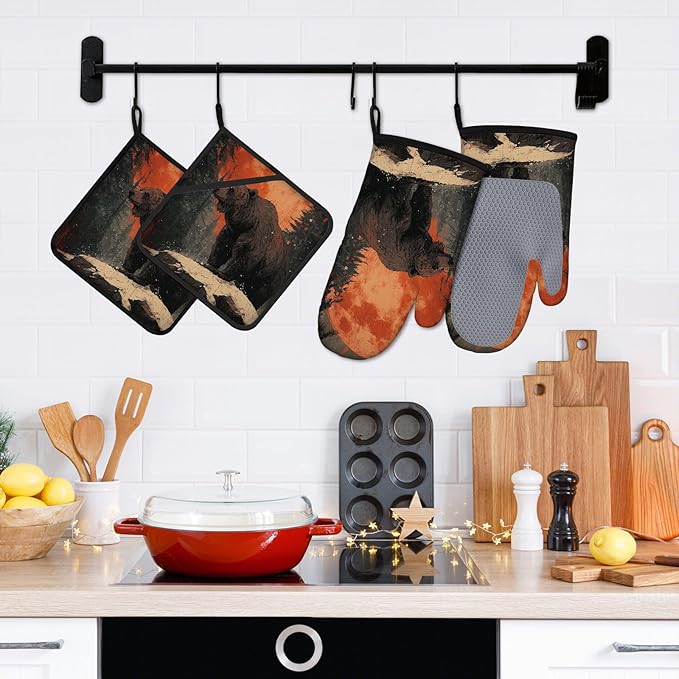 Bear Forest Oven Mitts and Pot Holders Sets 4Pcs Silicone Non-Slip Mitts Heat Resistant Gloves Hot Pads for Kitchen Cooking Baking Grilling BBQ