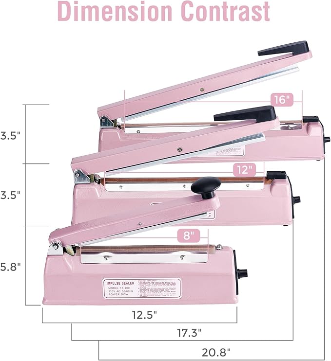 METRONIC Impulse Sealer 12 inch, Manual Heat Sealer Machine for Plastic Bags, Shrink Wrap Bag Sealers Heavy Duty Sealing Machine with Repair Kit (Pink)