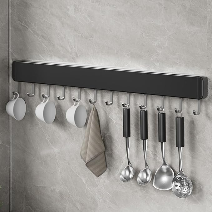 Kitchen Utensil Hanger Wall Mounted Hooks, No Drilling Removable and Adjustable Hooks Kitchen Rail with 8 Hooks for Hanging Cooking Utensils, Mugs, Spoons (12 Hooks)